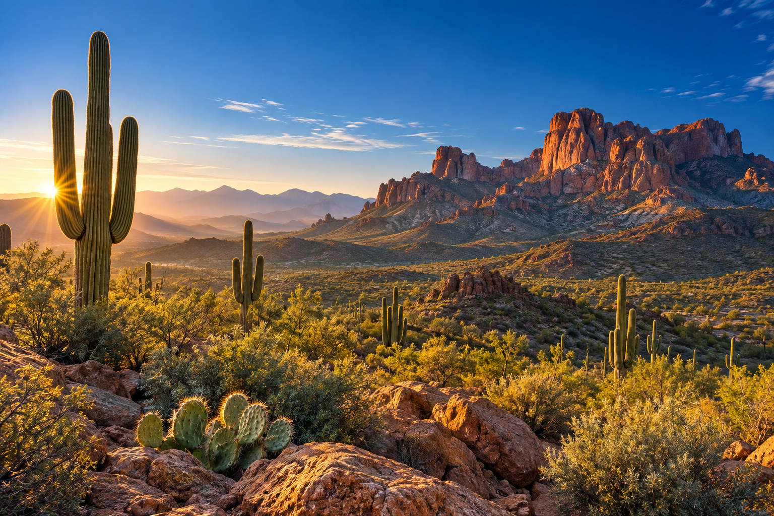 Sunlit red-rock desert landscape with saguaros
